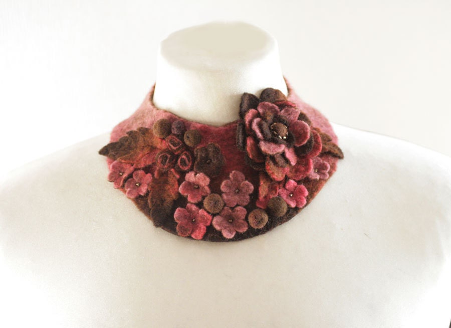 Frida Kahlo inspired Thulian pink Meadow -- Felted Neck Piece -- made from wool