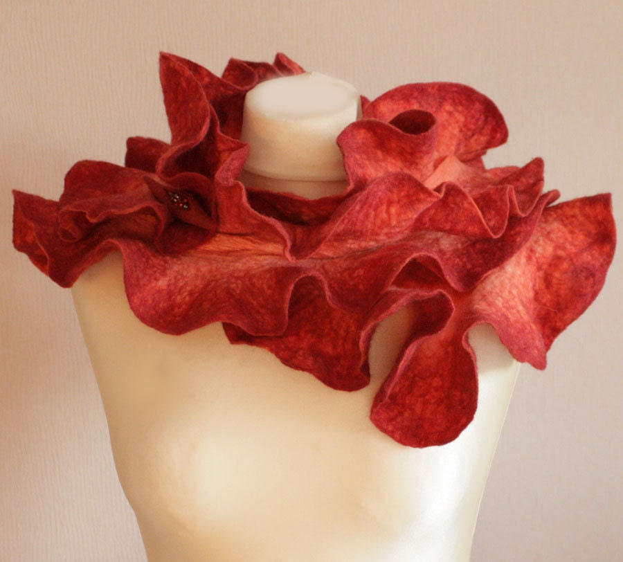 Peachy Orange Shades - Long Scarf Hand Felted Wool - Wearable Art
