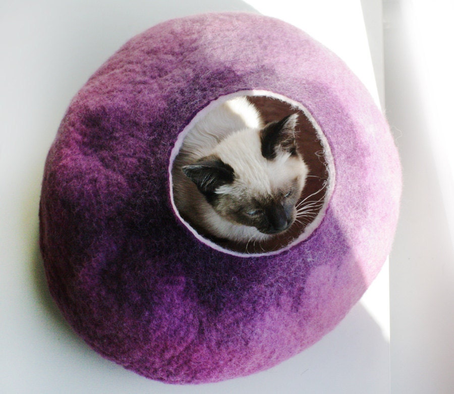 Warm Purple Bubble - Hand Felted Wool Cat Bed / Vessel - Crisp Contemporary Design