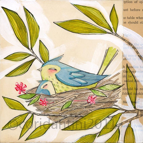 mother and child wall art - nesting - birds - limited edition - archival - art print - by cori dantini