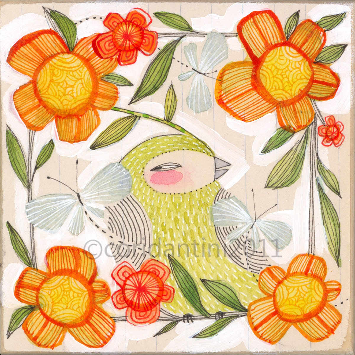 Fine Companions - bird and butterfly art - 8 x 8 archival limited edition print by cori dantini