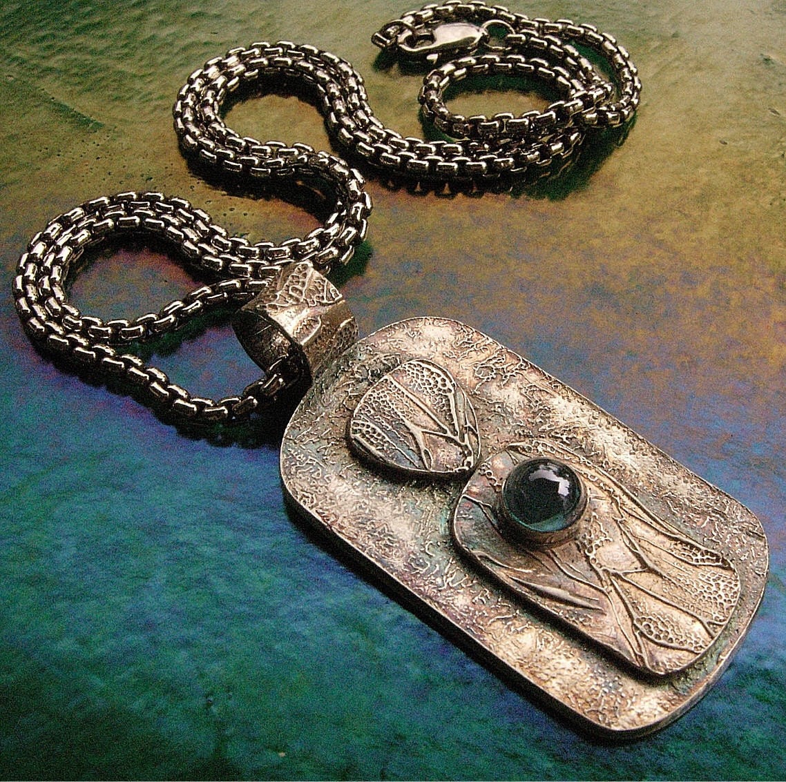 Rectangular Fine Silver PMC Double Layer Pendant with Rainbow Topaz Cabochon on Sterling Silver Chain Tree Texture
