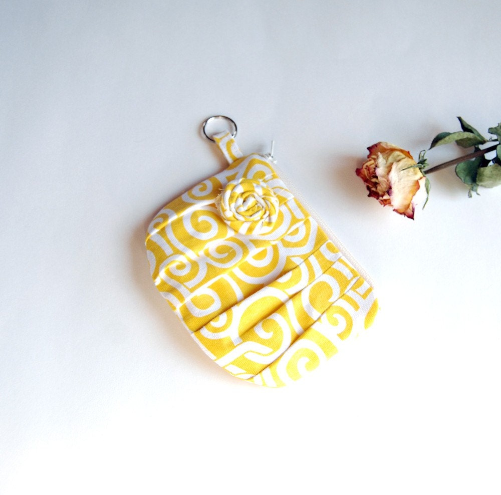 Bridesmaid Gift Idea, Pleated Wedding Bridal clutch, Bright Yellow White Rosebud Rose by Lolos