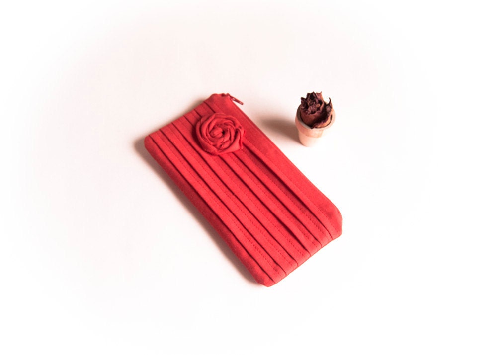 Bright Red Bridal Wedding Clutch or Bridesmaids Clutch, Pouch, Purse -Reserved for Amy- Romantic Rose pleats by Lolos