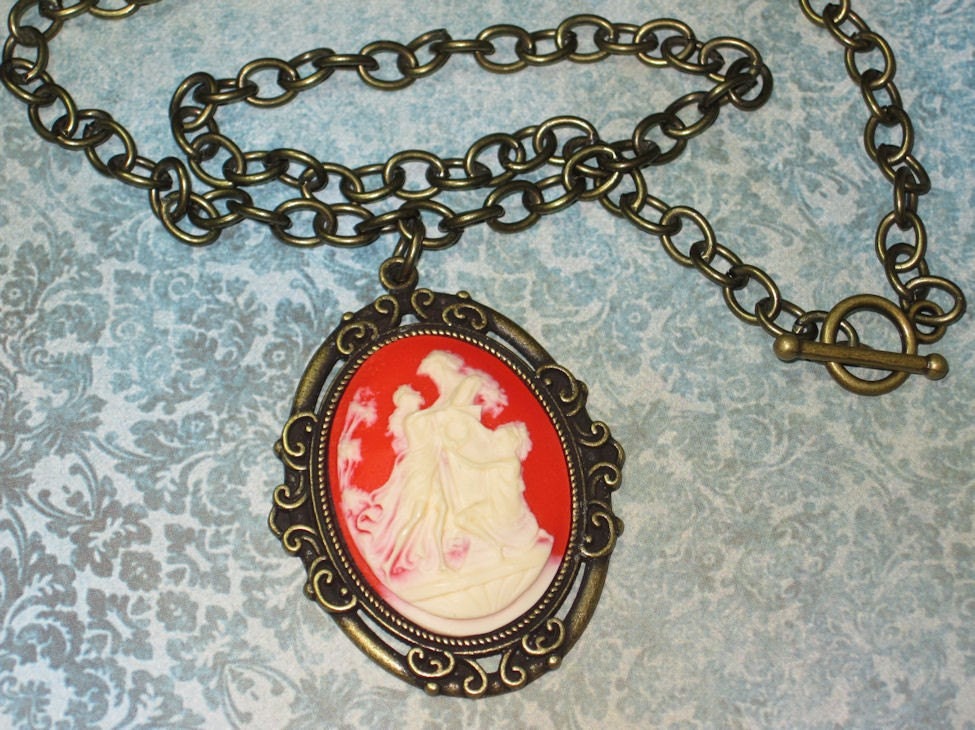 Coral Greek Scene Cameo Necklace