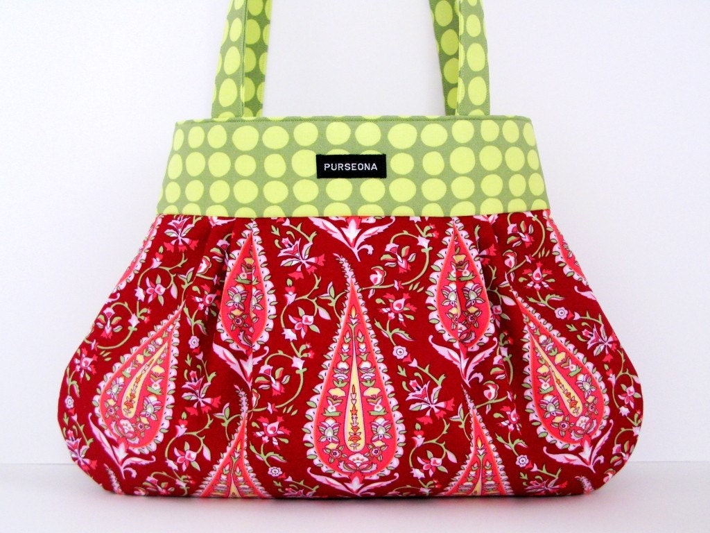 HEART PAISLEY- pleated handbag/ tote/ purse made with Amy Butler love fabrics.