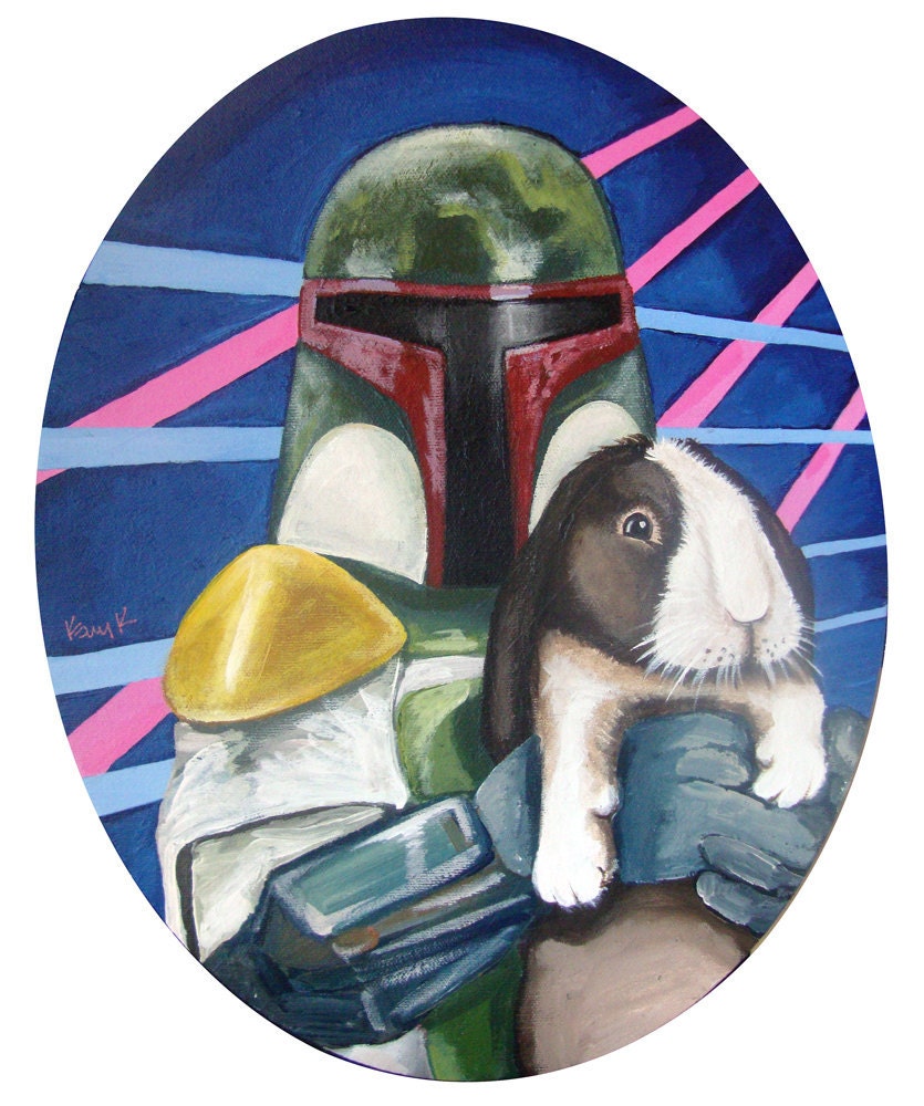 LARGE  11 x 17 PRINT Boba Fett with Brown and White Bunny