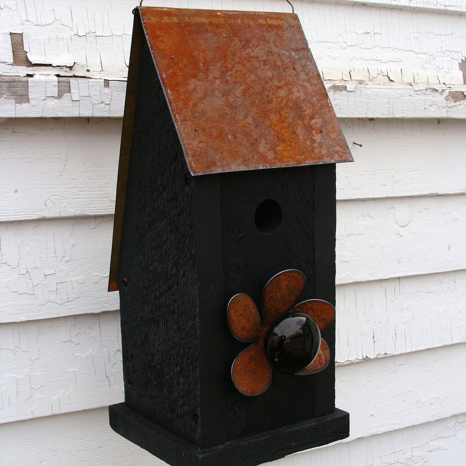 Rustic Black Birdhouse Reclaimed Wood Bird House Decorative Metal Flower Art Birdhouse Industrial Cottage Garden Decor