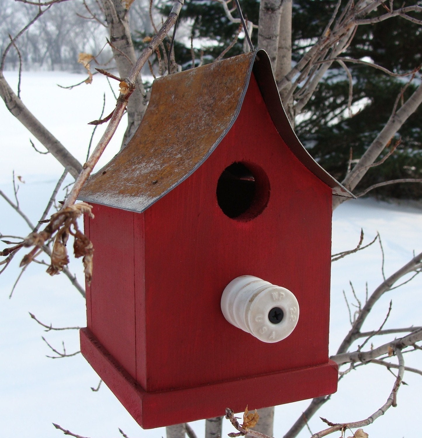 Rustic Farm Birdhouse Old Insulator Perch Metal Roof Cottage Garden or Home Decor