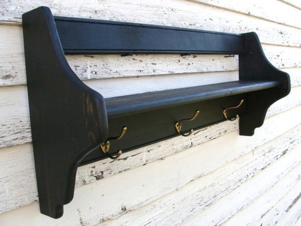 Wall Storage Shelf with Hooks for Coats Jackets Entryway Mudroom Wood Shelf Cottage French Country Painted Furniture Black Custom