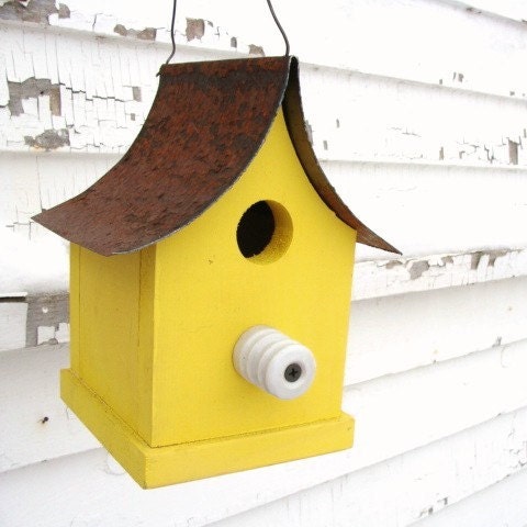 Yellow Bird House Recycled Insulator Perch Rustic Metal Roof Cottage French Country