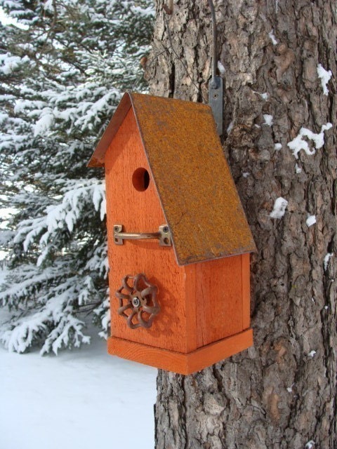 Rustic Orange Birdhouse Recycled Faucet Industrial Home & Garden Reclaimed Bird House Cottage Farmhouse Beach Country