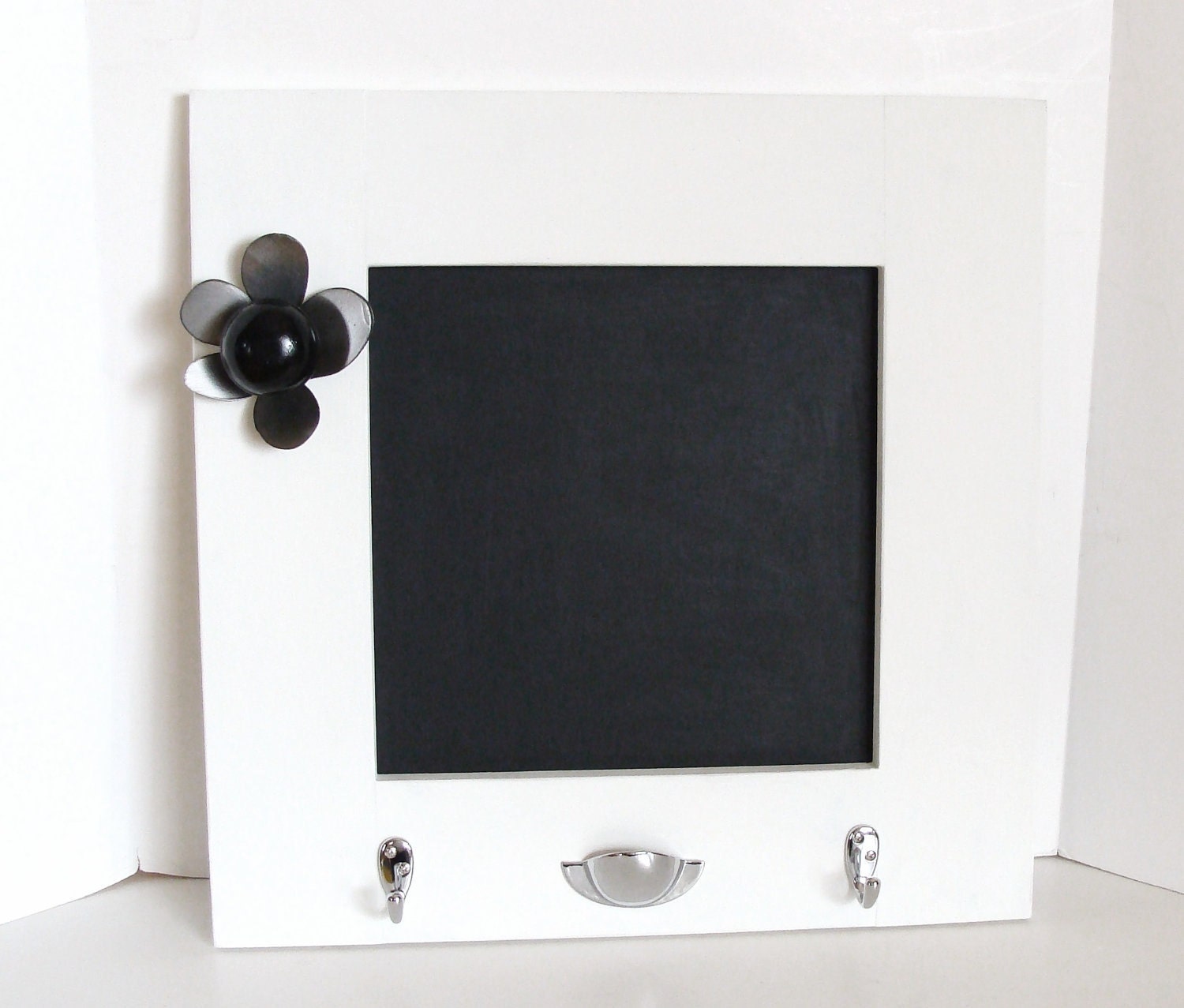 Chalkboard Frame Chalk Board Organizer Key Hooks Weddings Nursery Decor White Cottage Chic