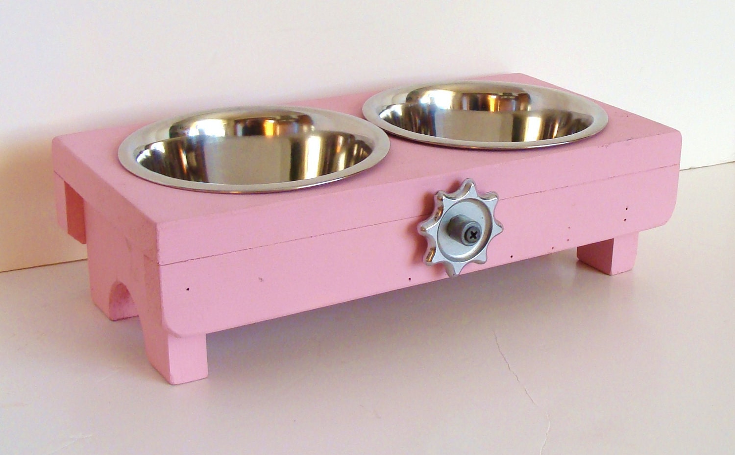 Pet Bowl Holder Recycled Dog Feeder Upcycled Cat Bowl Reclaimed Feeding Dish Old Metal Faucet Pink Pet Feeder