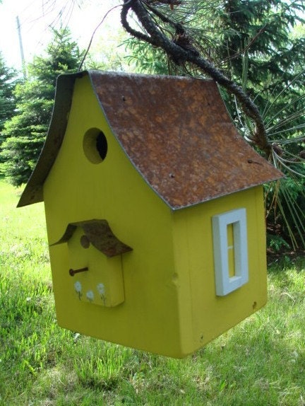 Bird House Garden Decor Birdhouse Recycled Rustic Metal Roof Lemon Yellow