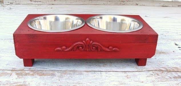 Dog Bowl Holder, Cat Dish, Elevated Dog Feeder, Dog Bowls, Raised Dog Bowl, Red Painted French Country Farmhouse Beach Custom