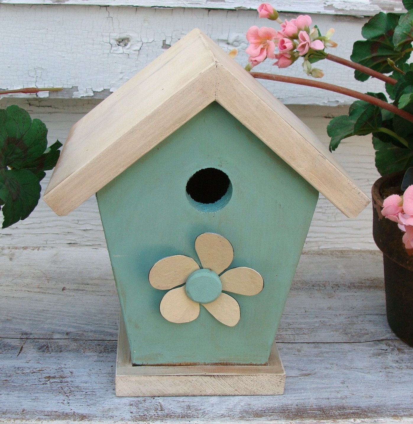 Shabby Cottage Chic Birdhouse Aqua Blue Birdhouse Metal Flower Birdhouse