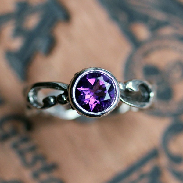 Amethyst engagement ring - February birthstone - swirl filigree - classic bezel - solitaire - Wrought - ready to ship -size 8.75