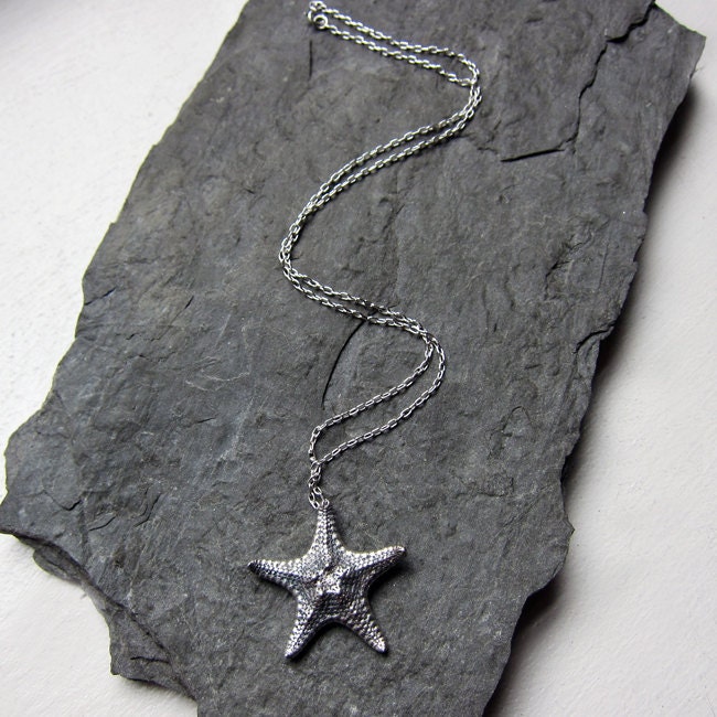 Silver starfish necklace - recycled sterling silver - ocean - beach - oxidized - raw collection - 18 inch chain