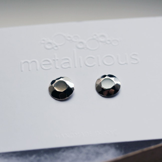 Emerald cut stud earrings - Faceted diamond like- recycled sterling silver - faceted metal - ready to ship - Modern Rock