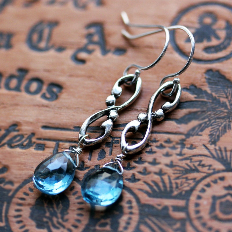 Blue topaz earrings - december birthstone - recycled sterling silver - teal blue - ocean blue - wedding jewelry - Wrought Swirl