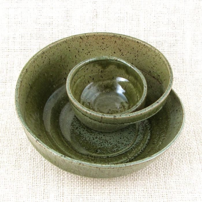 Small Chip and Dip Serving Bowl Handmade Ceramics Pottery Unique Green on Speckled Stoneware