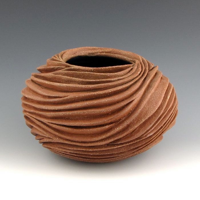 Round Carved Sculptural Ceramic Pottery Vessel: Rich Red Naked Clay
