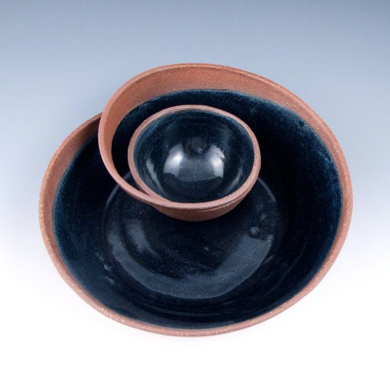 Small Red Clay Chip and Dip Serving Bowl with Black Glaze