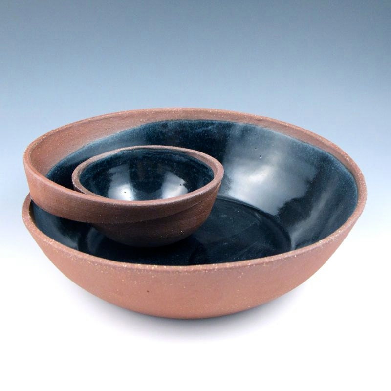 Small Red Clay Chip and Dip Serving Bowl with Black Glaze