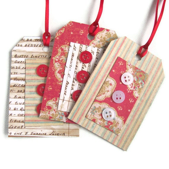 Handmade gift tags with buttons wrap scrapbooking