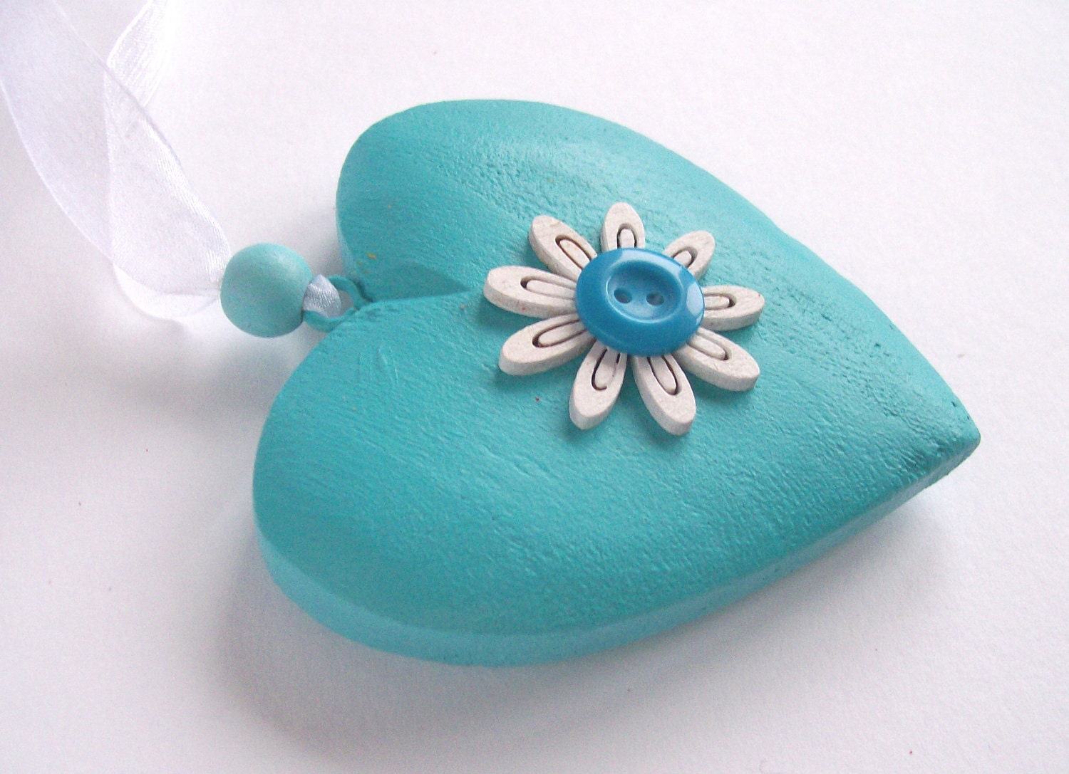Rustic wooden heart ornament blue with button