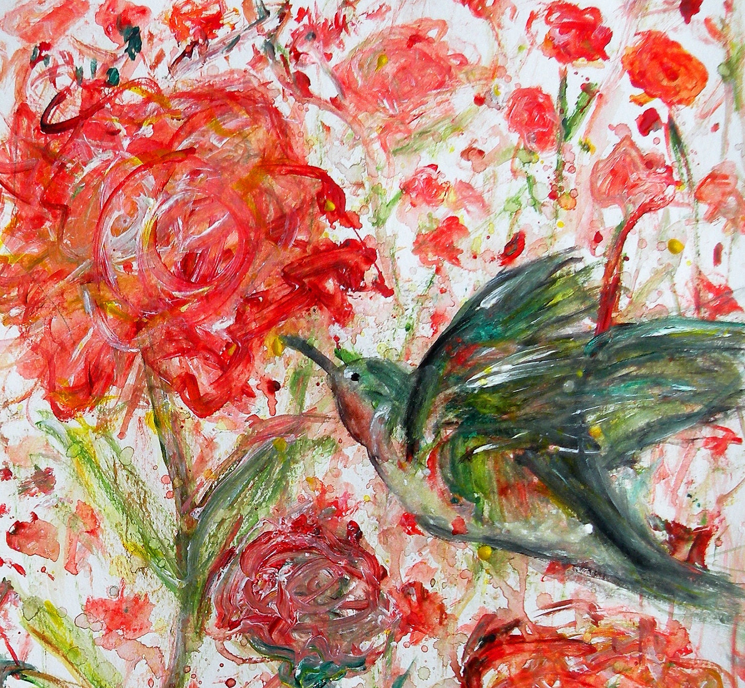 Le Petit Jardin Original Watercolor with Hummingbird in White Matting