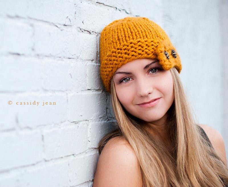 Hand Knit Hat Womens Hat - Cloche Hat in Mustard Yellow
