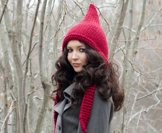 Hand Knit Hat Womens Hat - Pixie Hat in Red Cranberry