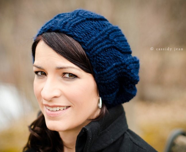 Hand Knit Hat Womens Hat - Urchin Beret Hat in Navy Blue
