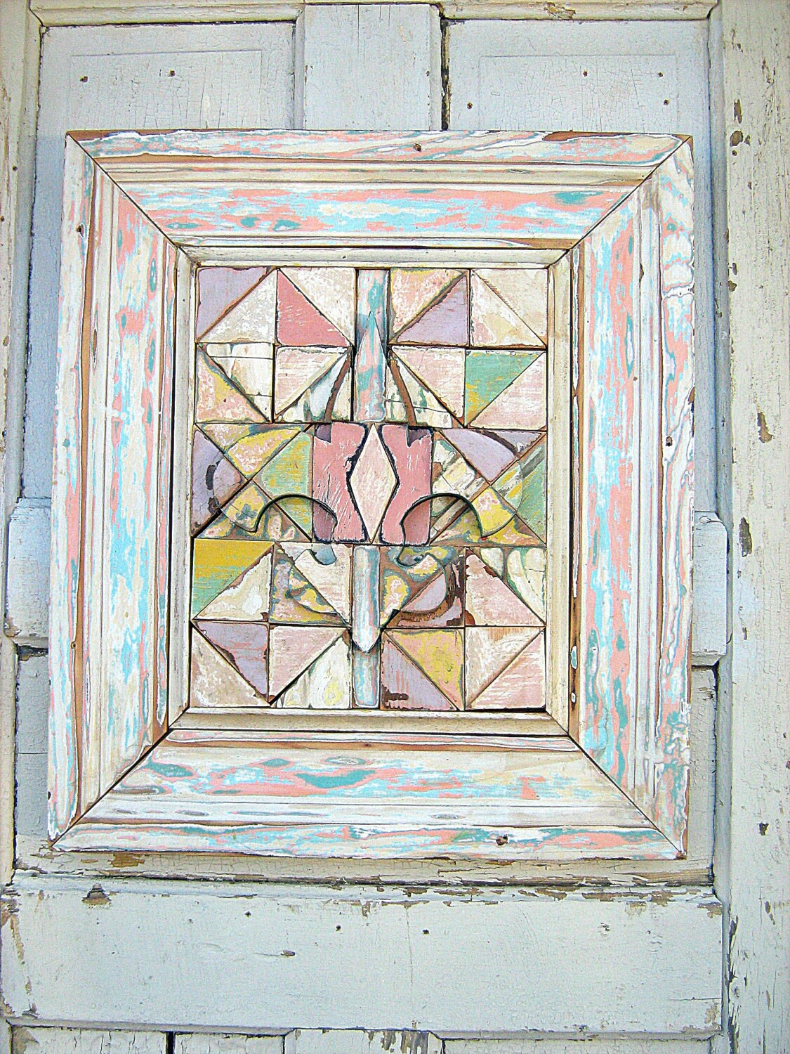 Mosaic Fleur de Lis Reclaimed Wood Pink Yellow New Orleans - woodenaht