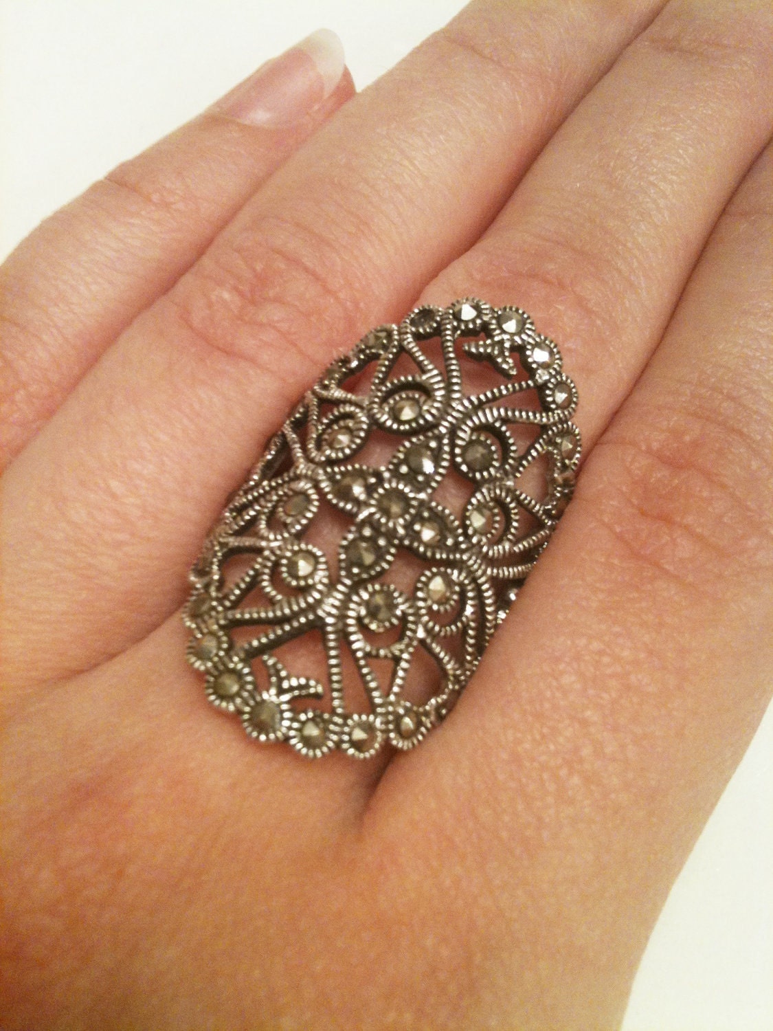 Vintage Elegant Dramatic Marcasite Filigree Lace Sterling Silver Ring