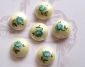 Vintage Glass Cabochons With A Blue Rose Decal (6X) (CB540)