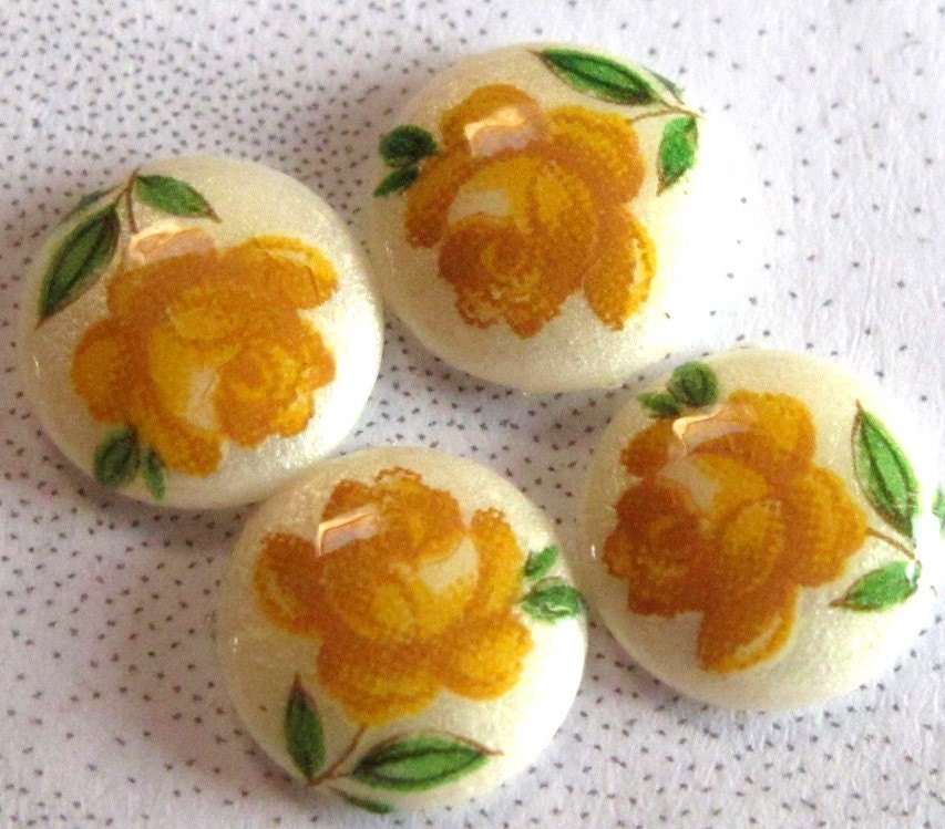 Vintage Japanese Glass Limoge Cabochons With A Yellow Rose Decal (8X) (CB544)