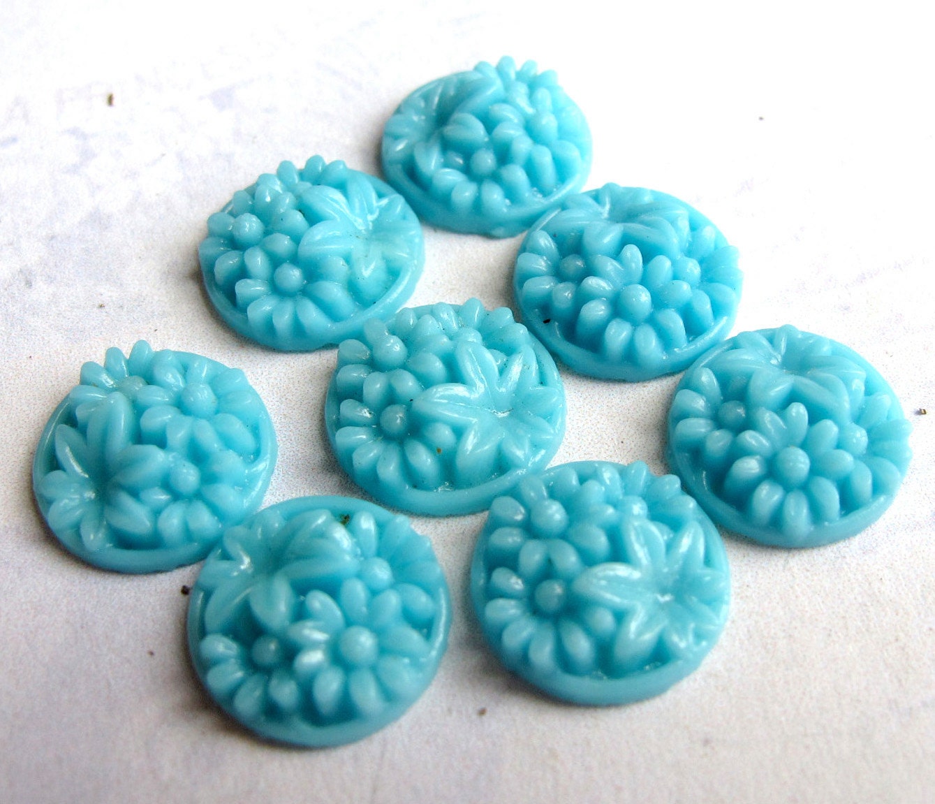 Vintage Japanese Pressed Glass Bright Blue Flower Cabochons (8X) (CB533)