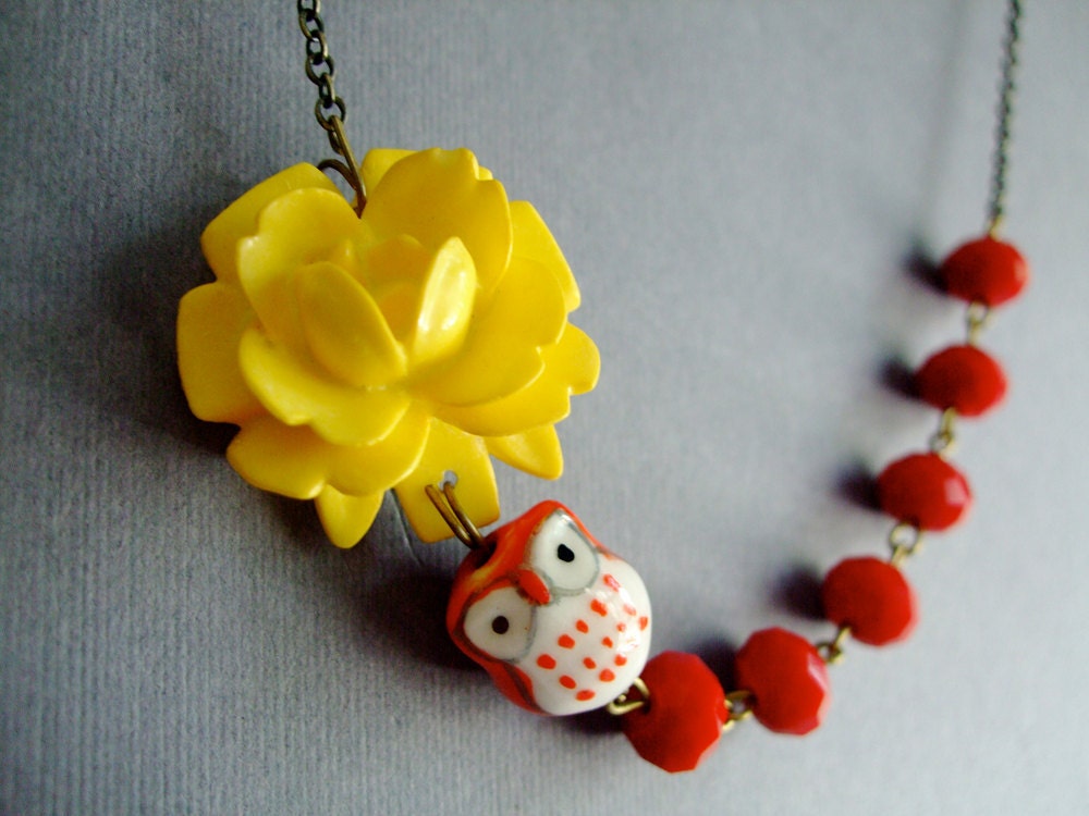 Owl Necklace,Owl Jewelry,Yellow Jewelry,Flower Necklace,Bridesmaid Necklace (Free matching earrings)