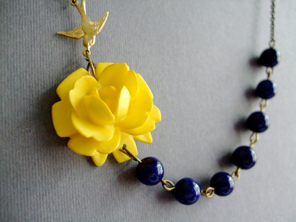 Flower Necklace,Nautical Jewelry,Bridesmaid Jewelry,Yellow Jewelry,Navy Blue Jewelry (Free matching earrings)