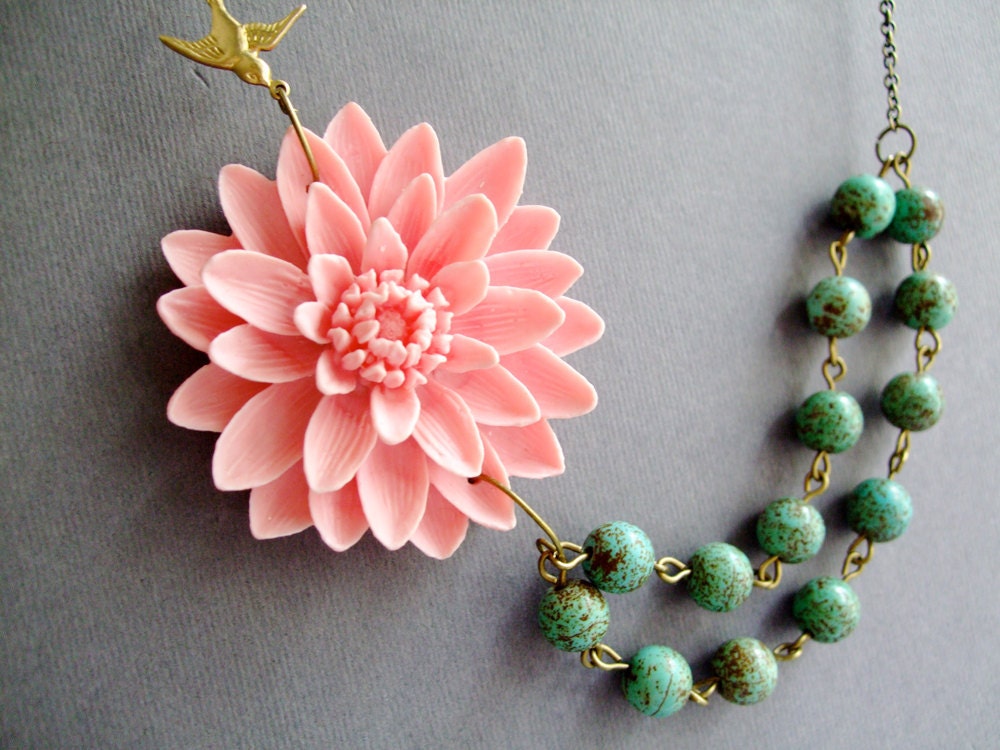 Wedding Jewelry,Flower Necklace,Stone Jewelry,Pink Necklace,Bridesmaid Necklace,Turquoise Jewelry (Free Matching Earrings)