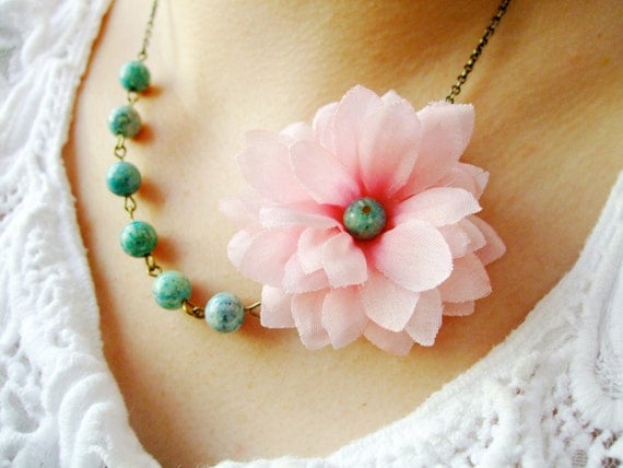 Wedding Jewelry,Fabric Necklace,Flower Necklace,Pink Jewelry,Bridesmaid Necklace,Stone Jewelry,Celadon Necklace (Free matching earrings)