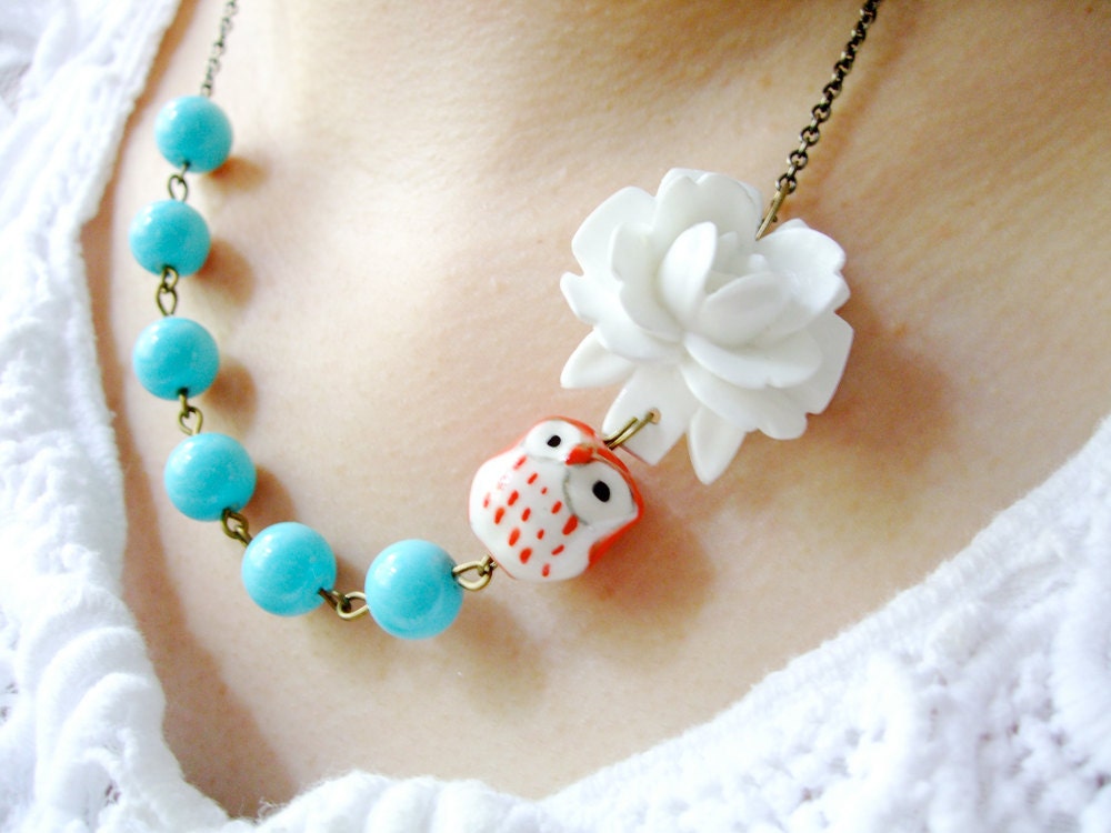 Gift,Owl Necklace,Owl Jewelry,Aqua Jewelry,Flower Necklace,Bridesmaid Necklace,White Flower (Free matching earrings)