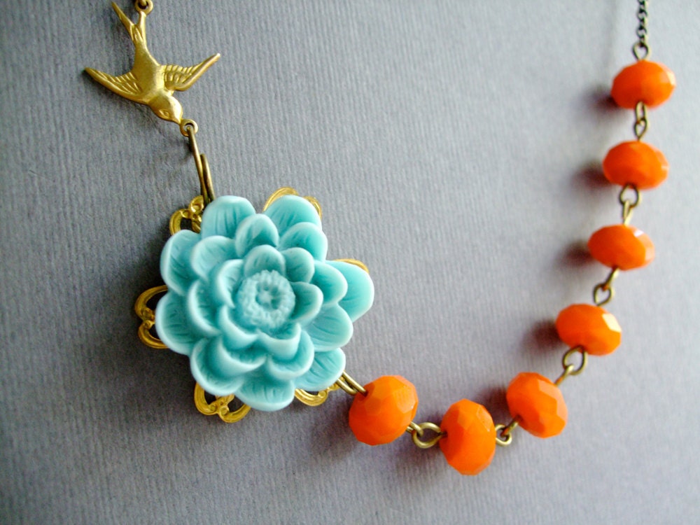 Flower Necklace,Tangerine Jewelry,Aqua Necklace,Bridesmaid Necklace,Wedding Jewelry (Free Matching Earrings)