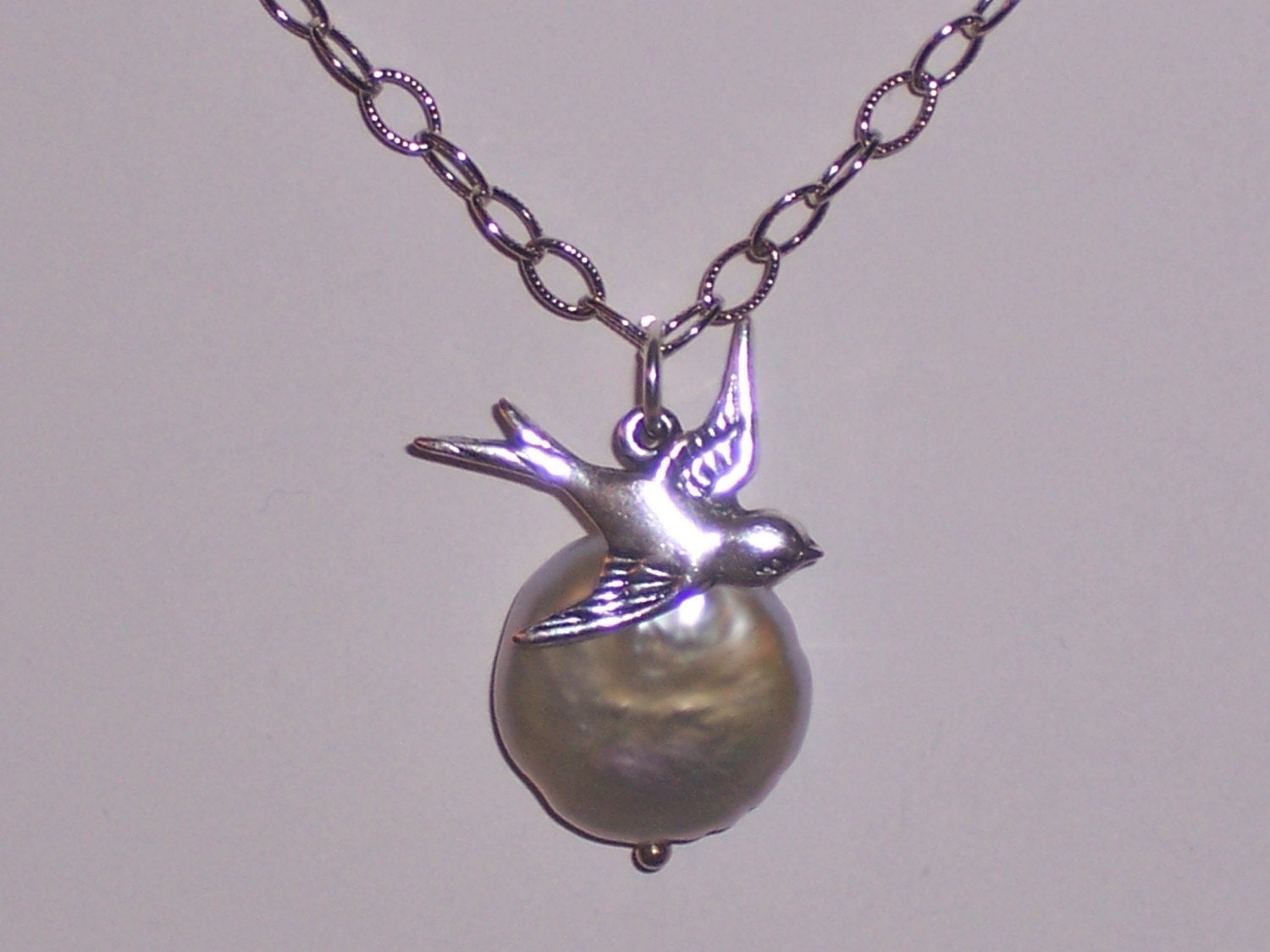 Flying Sparrow Bird Necklace and White Coin Pearl on Sterling Silver Chain SUPER SALE - 20 DOLLARS