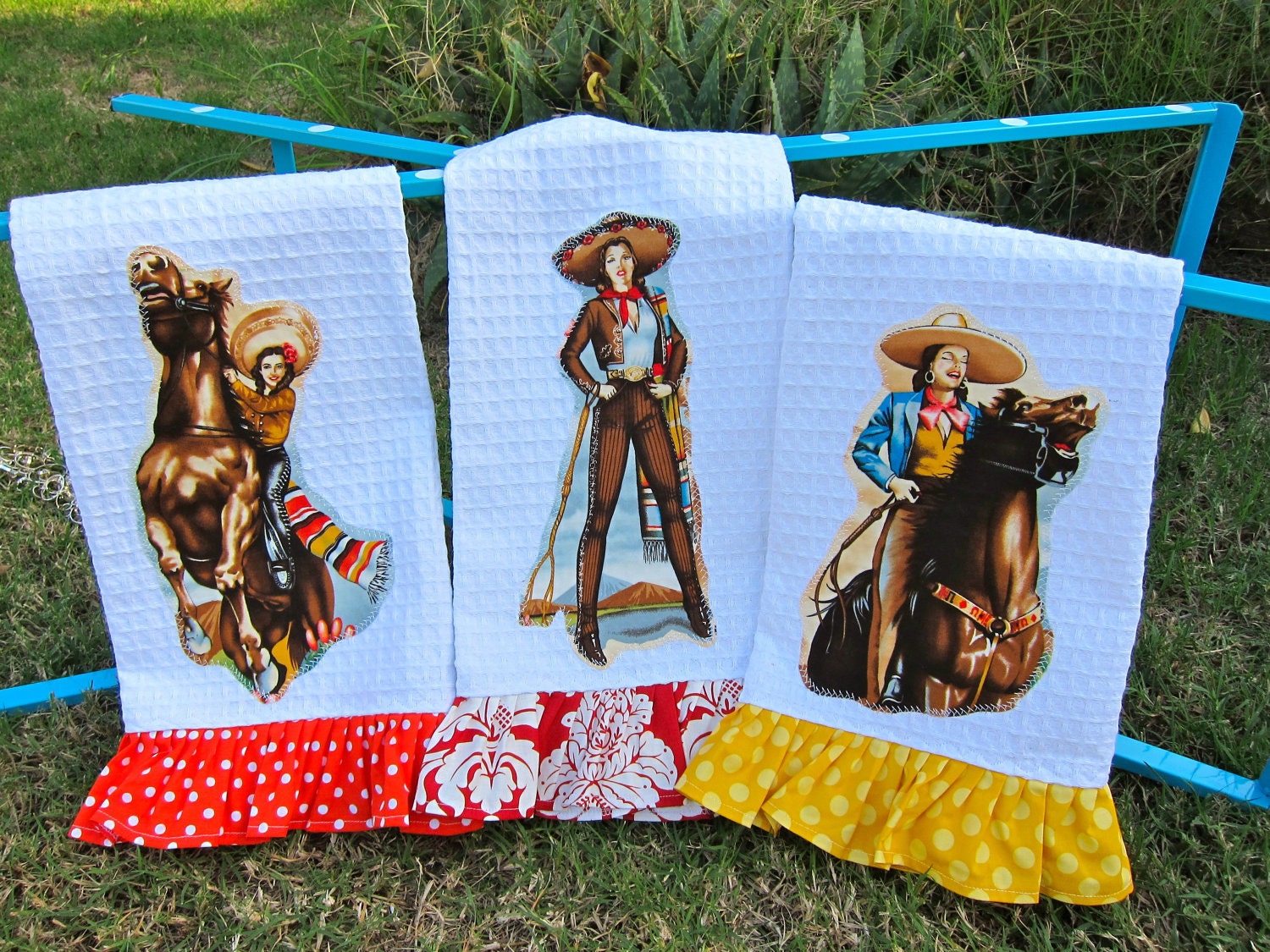 Las CHARRAS Cowgirls Kitchen TOWELS Set of Three Custom
