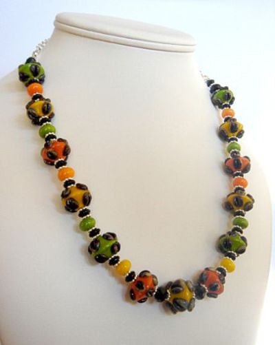 Colorful Lampwork Necklace - Colorful Lampwork Beads with Swarovski Crystals, Czech Glass and Sterling Silver