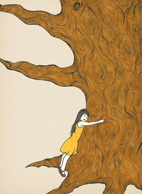 tree hugger illustration art print of a girl ink drawing - FINALLY SAFE